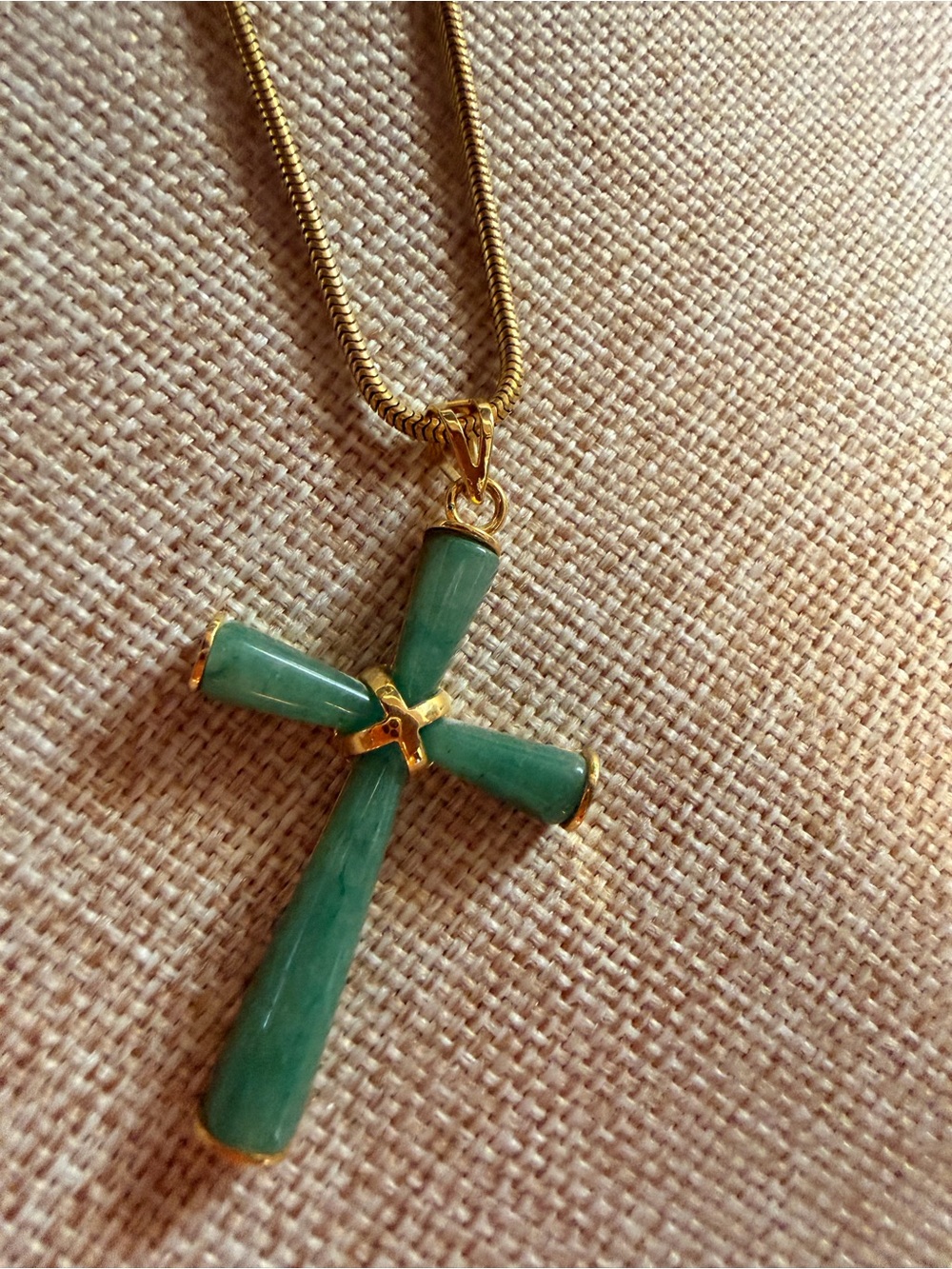 Gold-Tone Green Stone Cross Pendant Necklace